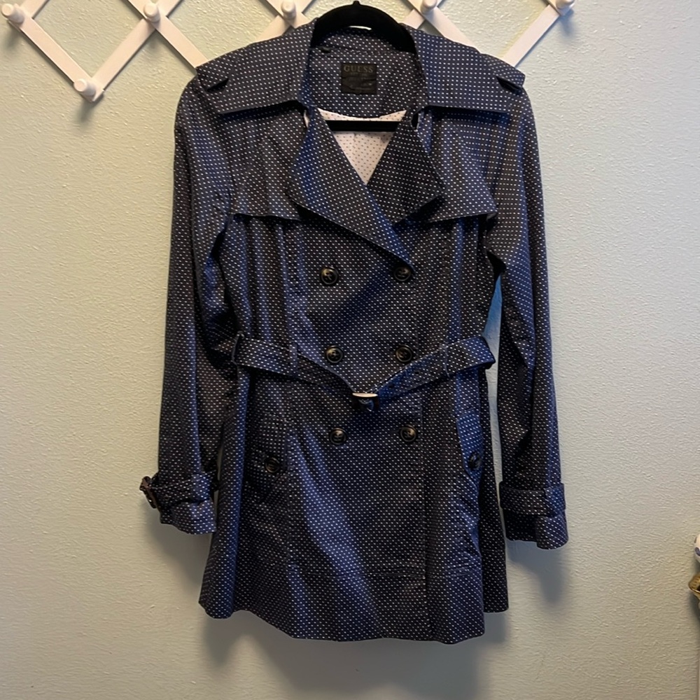 Guess Jacket Small Polka Dot Trench Coat Double Breasted Belted Lined Coat Small